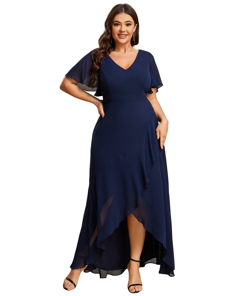 Front of a model wearing a size 10 Charming Chiffon Bridesmaid Dress with Lotus Leaf Hemline in Navy Blue by Ever-Pretty. | dia_product_style_image_id:301694